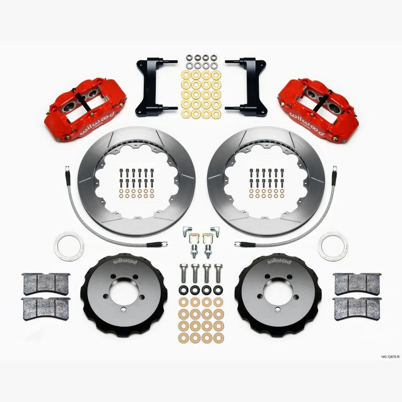Red Wilwood Narrow Superlite 6R 6-piston front brake calipers with 12.88 inch rotors and braided stainless steel lines.