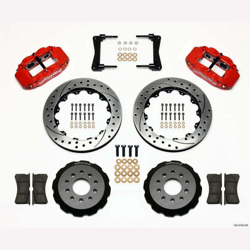 Wilwood Forged Narrow Superlite 6R red six-piston calipers and 13.06-inch drilled rotors for 2005-2014 Ford Mustang
