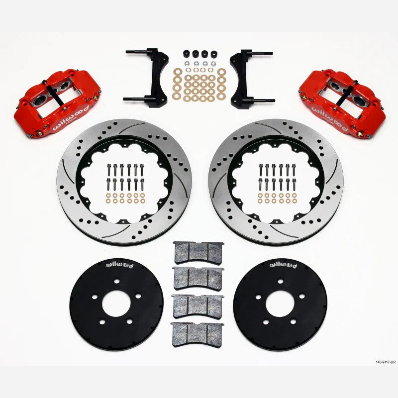 Wilwood red 6-piston FNSL6R calipers and 14-inch drilled rotors for 1994-2004 Ford Mustang front brake kit