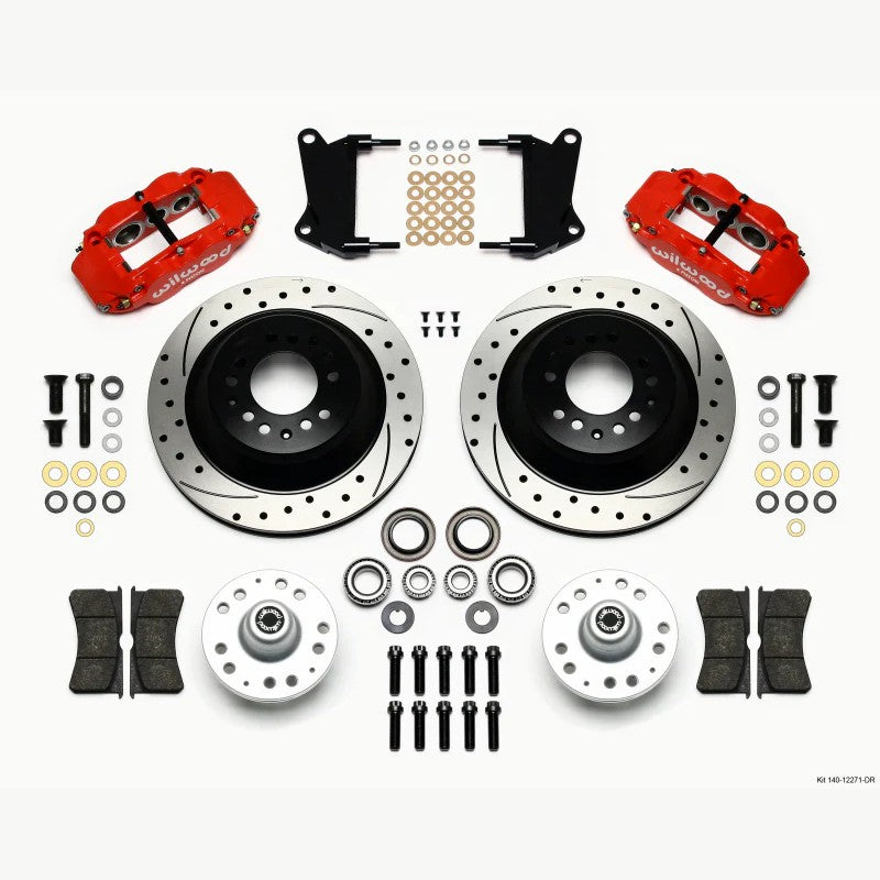 Red Wilwood FNSL6R six-piston calipers and 12.88-inch drilled one-piece rotors front brake kit