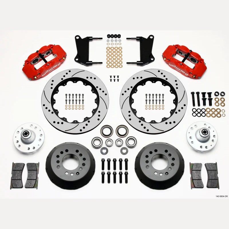 Wilwood FNSL6R front brake kit featuring red six-piston calipers and 14-inch drilled rotors.