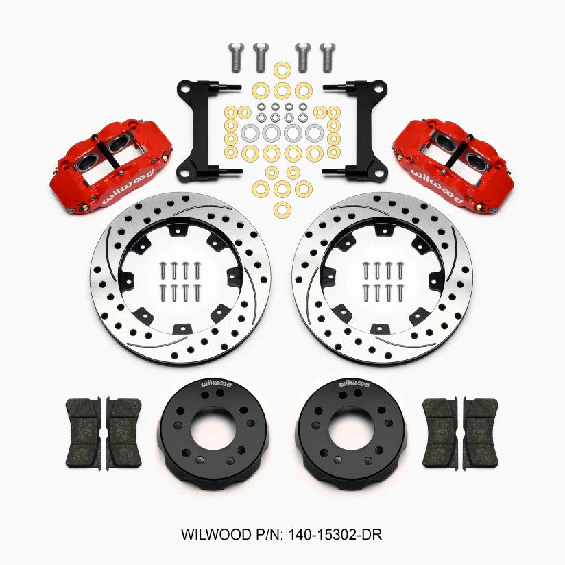 Wilwood Narrow Superlite 6R front brake kit with red six-piston calipers and 12.19-inch drilled and slotted rotors.