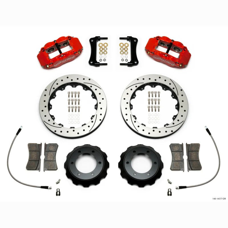 Wilwood FNSL6R red 6-piston brake calipers with 12.88-inch drilled rotors and stainless steel braided lines