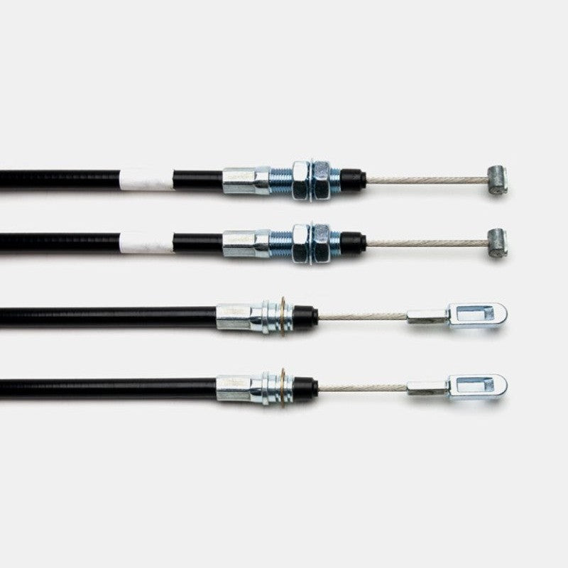 Wilwood 330-11221 parking brake cable kit featuring steel cables, black sheaths, equalizer assembly, and clevis hardware.