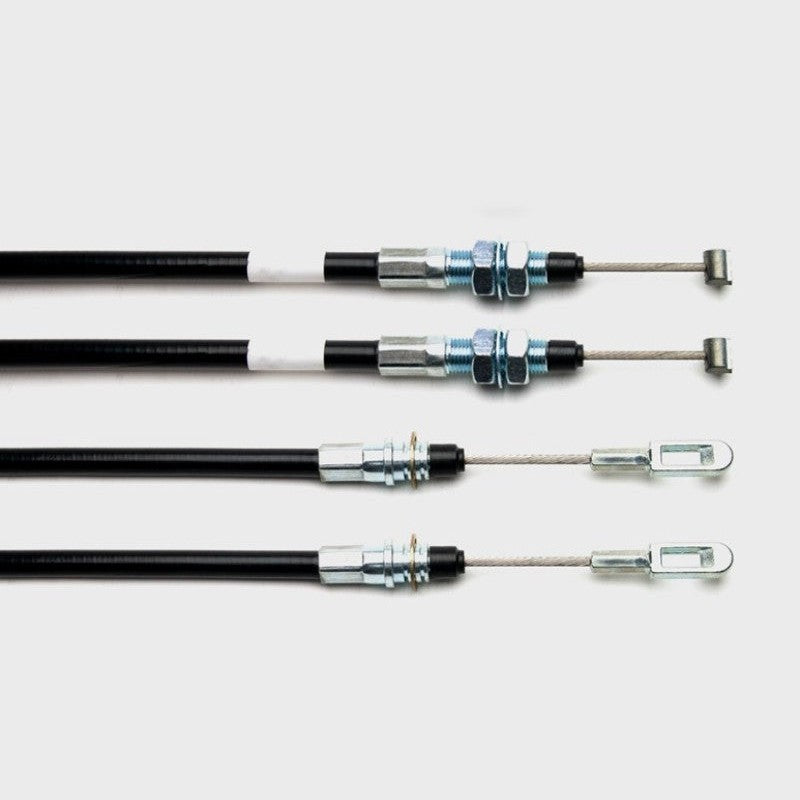 Wilwood 330-12335 parking brake cable kit featuring cables, black protective sheaths, and mounting equalizer hardware.