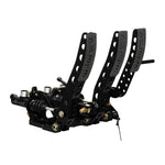 Wilwood 340-12410 floor mount triple pedal assembly with black e-coated steel arms and adjustable balance bar.