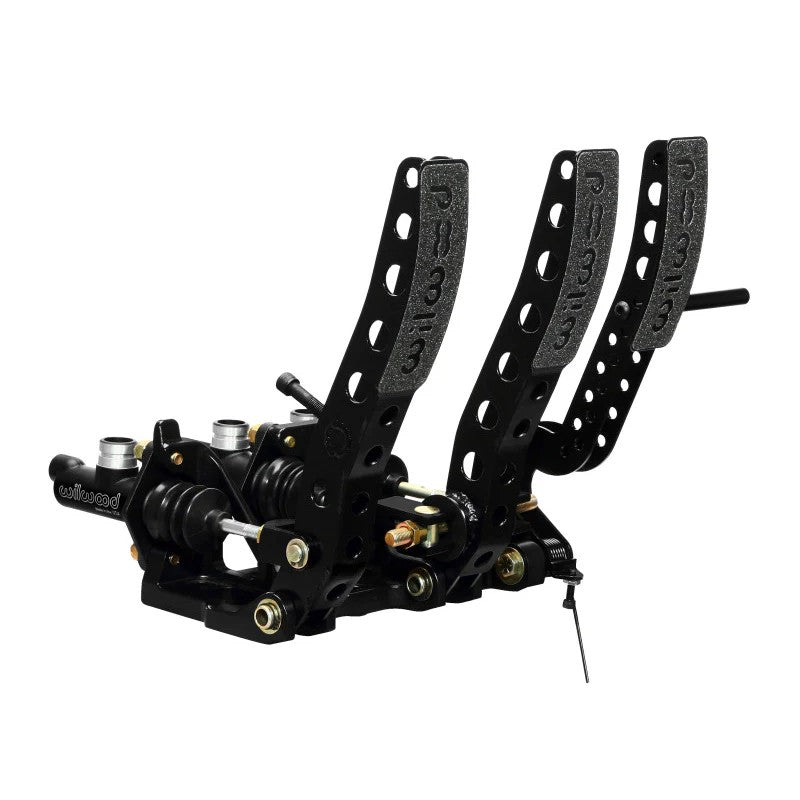 Wilwood 340-12410 floor mount triple pedal assembly with black e-coated steel arms and adjustable balance bar.