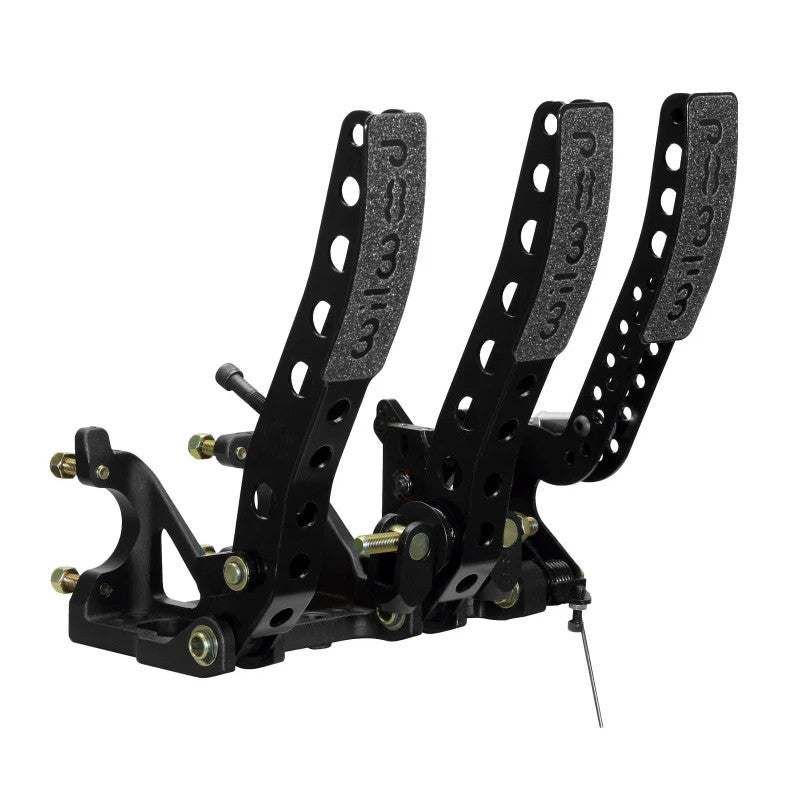 Wilwood floor mount triple pedal assembly featuring black e-coat steel arms and integrated throttle linkage.