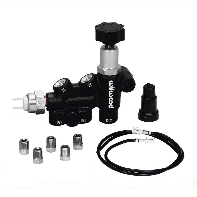 Wilwood 260-11179 combination proportioning valve with black finish, adjustment knob, and brake light switch.