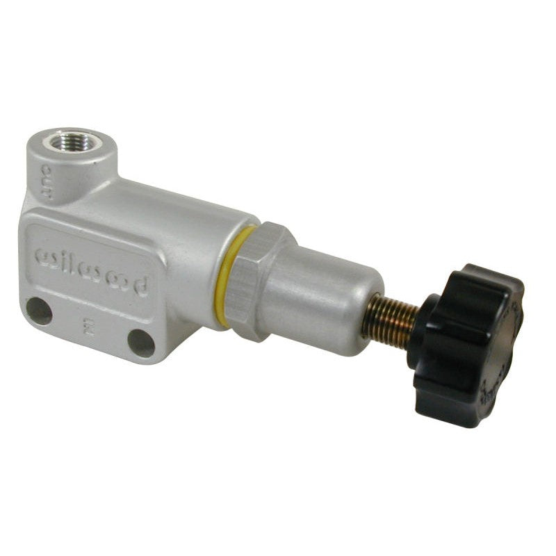 Wilwood forged billet adjustable brake proportioning valve with black adjustment knob and 3/8-24 inverted flare ports.