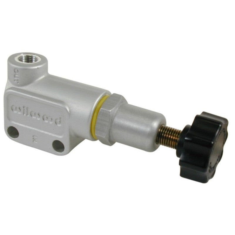Wilwood knob-adjustable brake proportioning valve with forged billet body and M10x1 bubble flare ports.