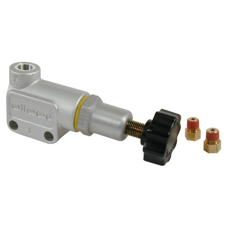 Wilwood forged billet aluminum knob-adjustable brake proportioning valve with two inverted flare fittings.
