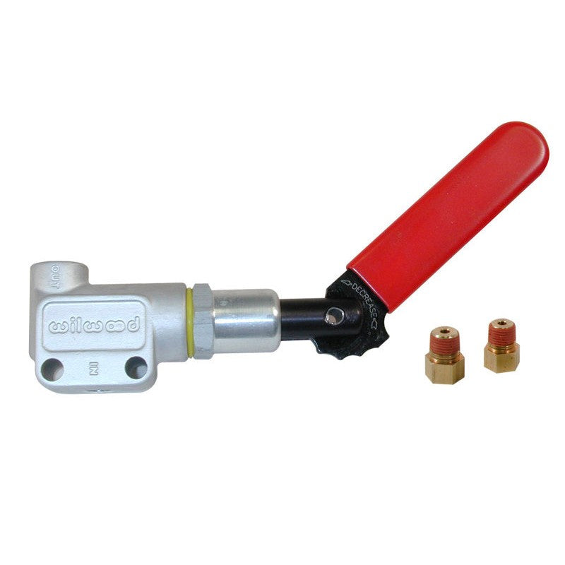 Wilwood forged billet aluminum lever-style adjustable brake proportioning valve with NPT to 3/8-24 inverted flare fittings