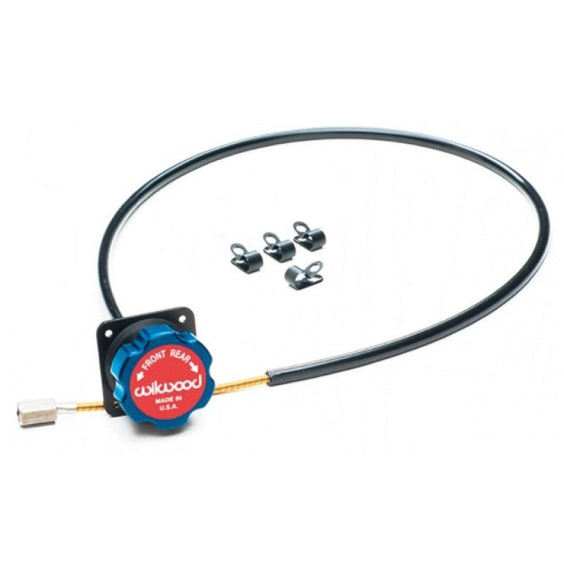 Wilwood remote brake bias adjuster assembly featuring a blue detent knob and 5-foot trimmable cable.
