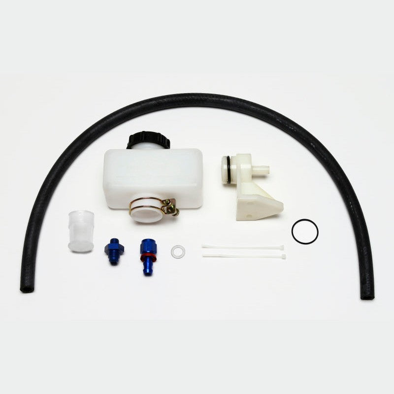 Wilwood 10.7 oz remote brake fluid reservoir kit with mounting bracket, 30-inch specialty hose, and adapter fittings.