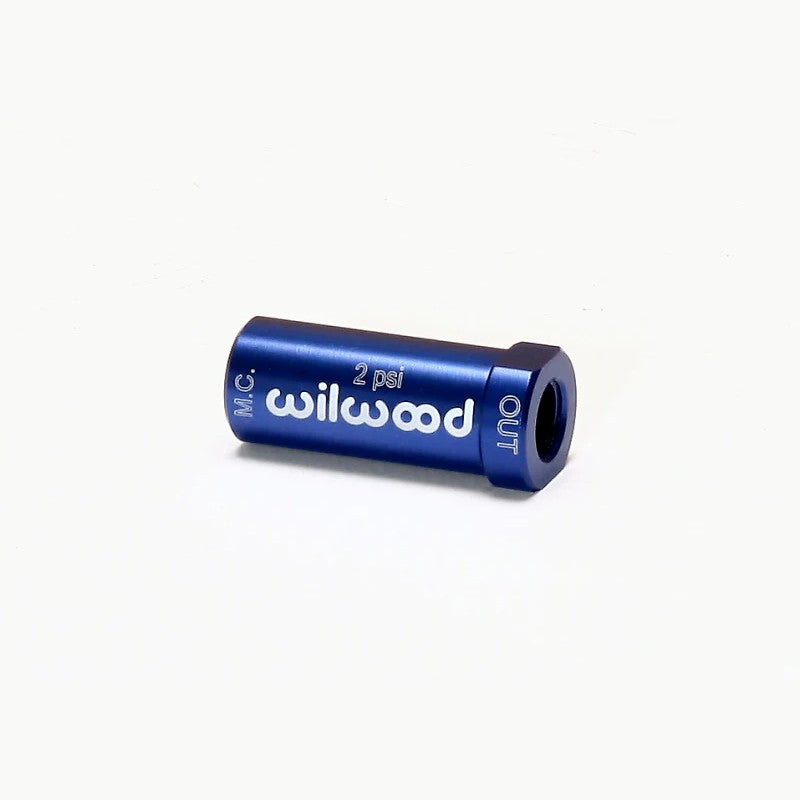 Blue anodized Wilwood billet aluminum 2 PSI residual pressure valve with two NPT to inverted flare fittings