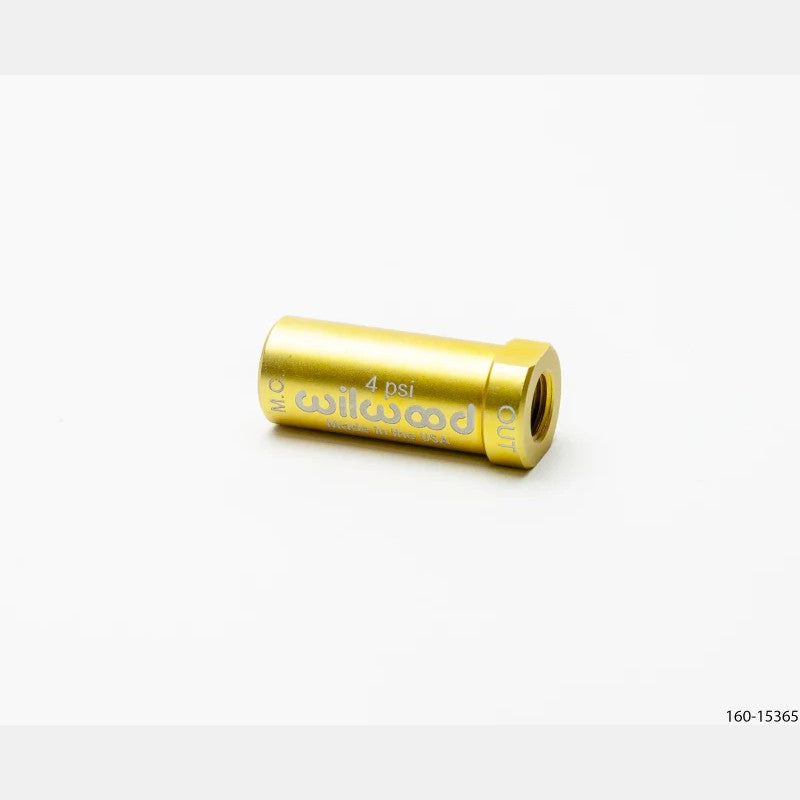 Gold anodized billet aluminum Wilwood 4 PSI residual pressure valve with two brass inverted flare fittings.