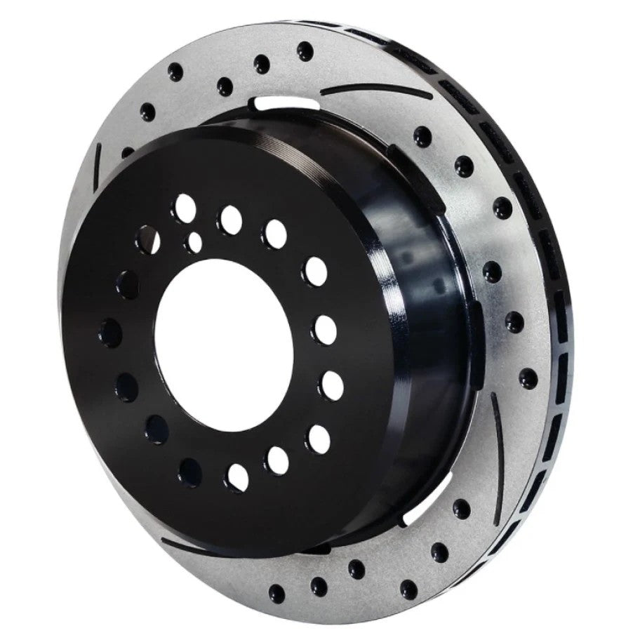 Wilwood SRP Series black electro-coated drilled and slotted brake rotor with 5-lug mounting holes.