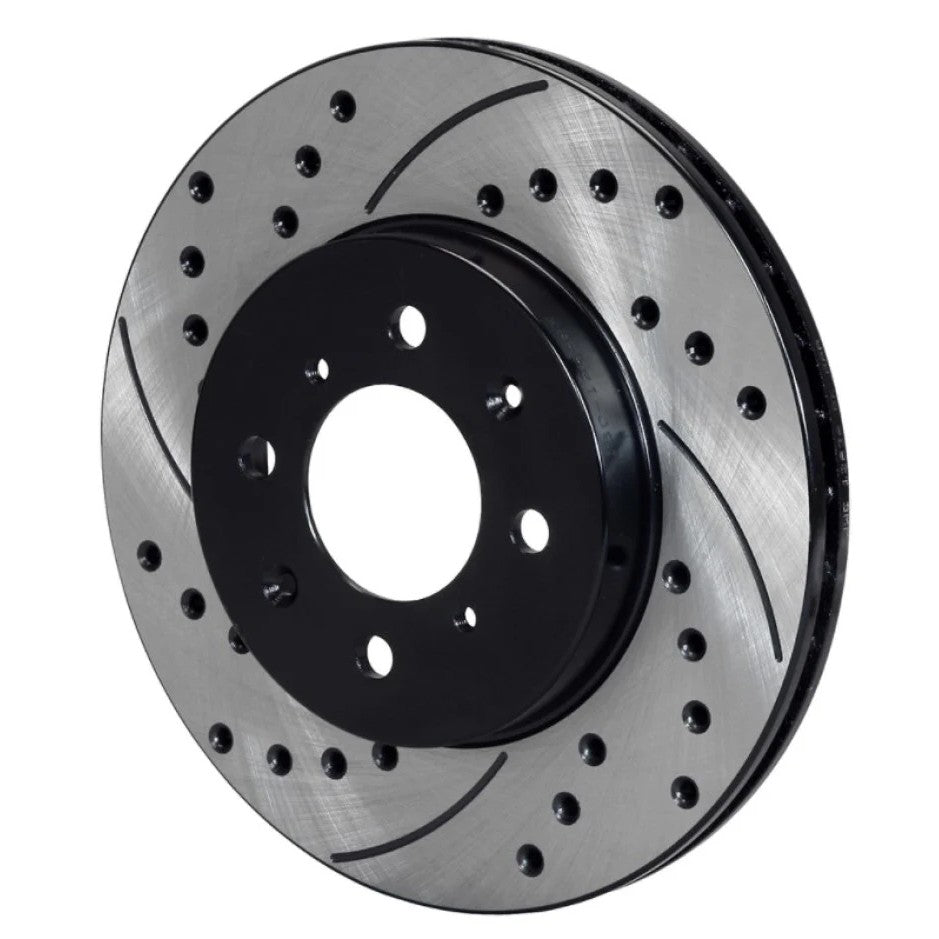 Wilwood SRP black electro-coated left hand brake rotor with directional cross-drilled and slotted face pattern.