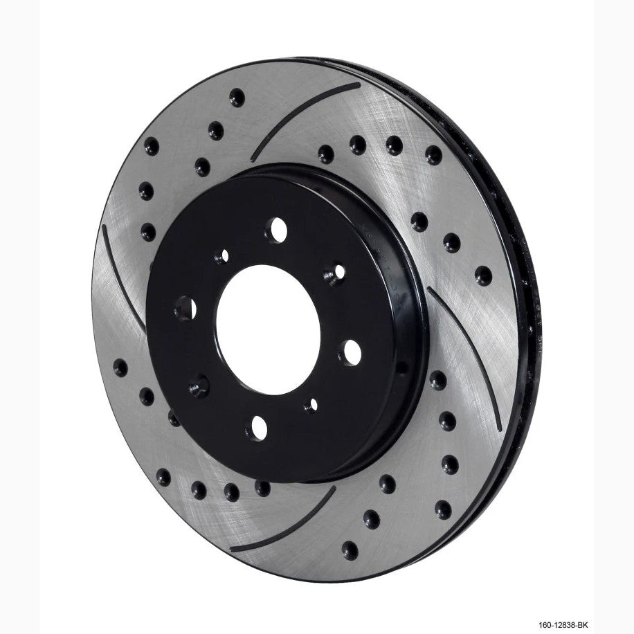 Wilwood SRP Series right-hand brake rotor with black electro coat finish and drilled and slotted pattern.