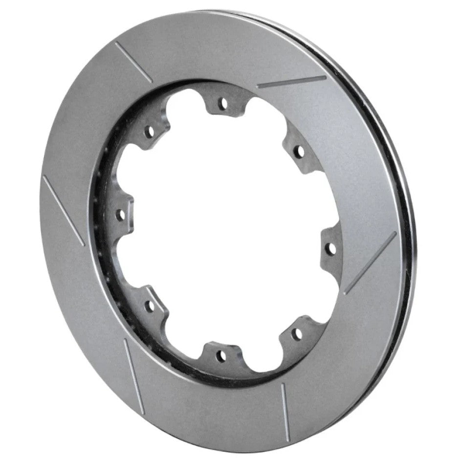 Wilwood GT 36 Spec-37 Left Hand brake rotor with curved vanes and GT asymmetrical face slots.