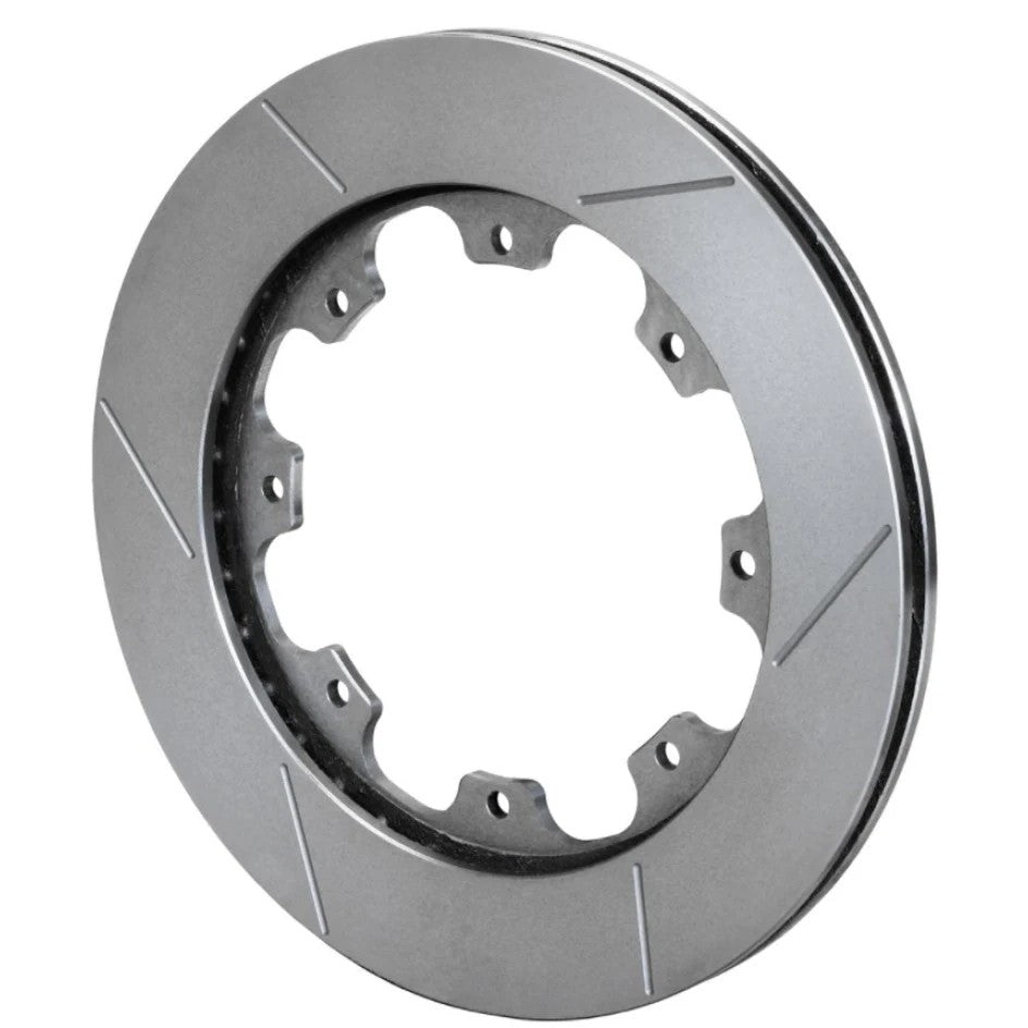Wilwood GT 36 Spec-37 slotted directional brake rotor showing curved cooling vanes and 8-lug mounting pattern.