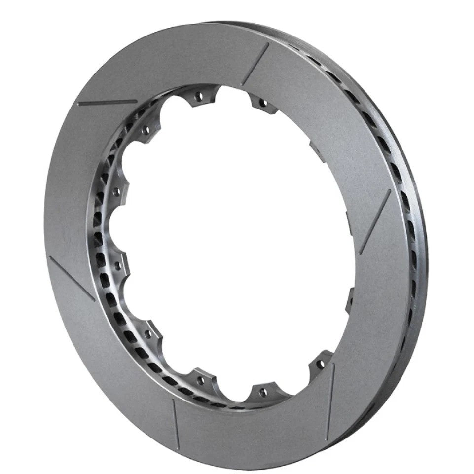 Wilwood GT48 left-hand directional vane brake rotor with asymmetrical slots and 12-bolt mounting pattern.