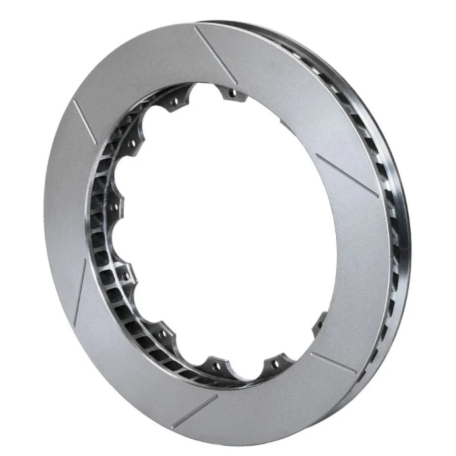 Wilwood GT 48 Spec-37 left-hand curved vane brake rotor with asymmetrical face slots and 12-bolt mounting pattern.