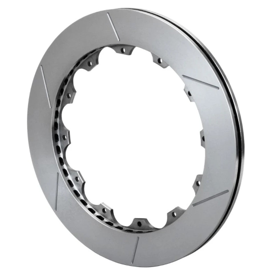 Wilwood GT-48 LH vented iron rotor with curved vanes, asymmetrical face slots, and a 12-bolt mounting pattern.