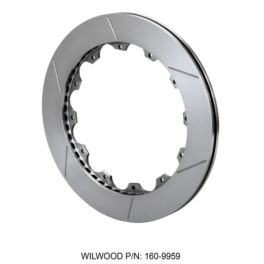 Wilwood GT-48 vented iron brake rotor with curved vanes and asymmetrical face slots for right-hand installation.