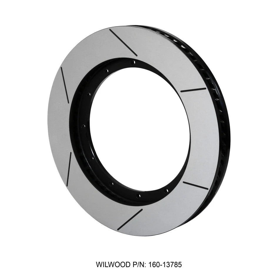 Black e-coated Wilwood GTB 60 Spec-37 curved vane brake rotor with asymmetrical face slots.