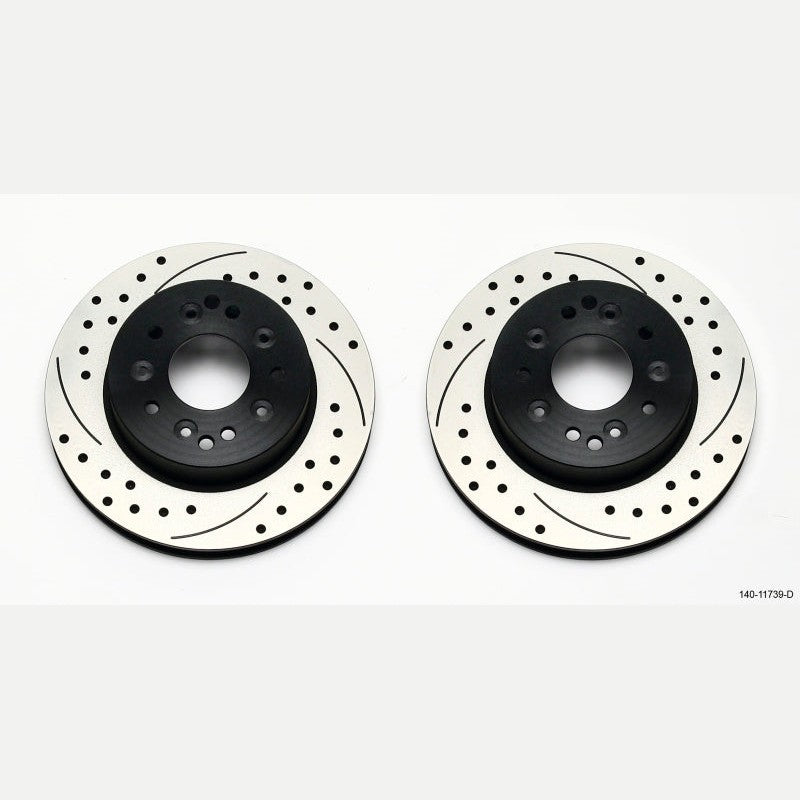 Wilwood ProMatrix SRP rear brake kit featuring black e-coated drilled and slotted one-piece rotors and high-friction pads.