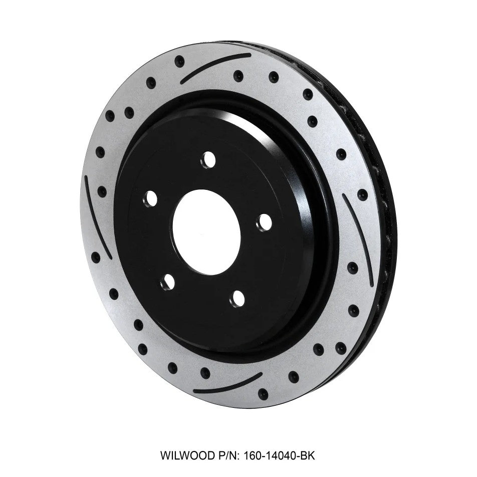 Wilwood SRP series black electro-coated drilled and slotted rear brake rotor for 1997-2013 Chevrolet Corvette.