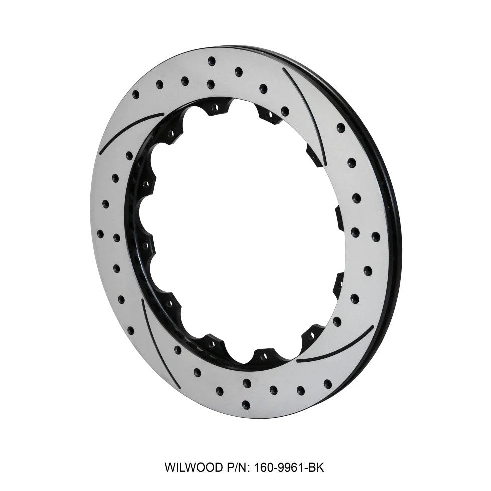 Wilwood SRP48 right-hand iron brake rotor with a black finish and directional drilled and slotted pattern.