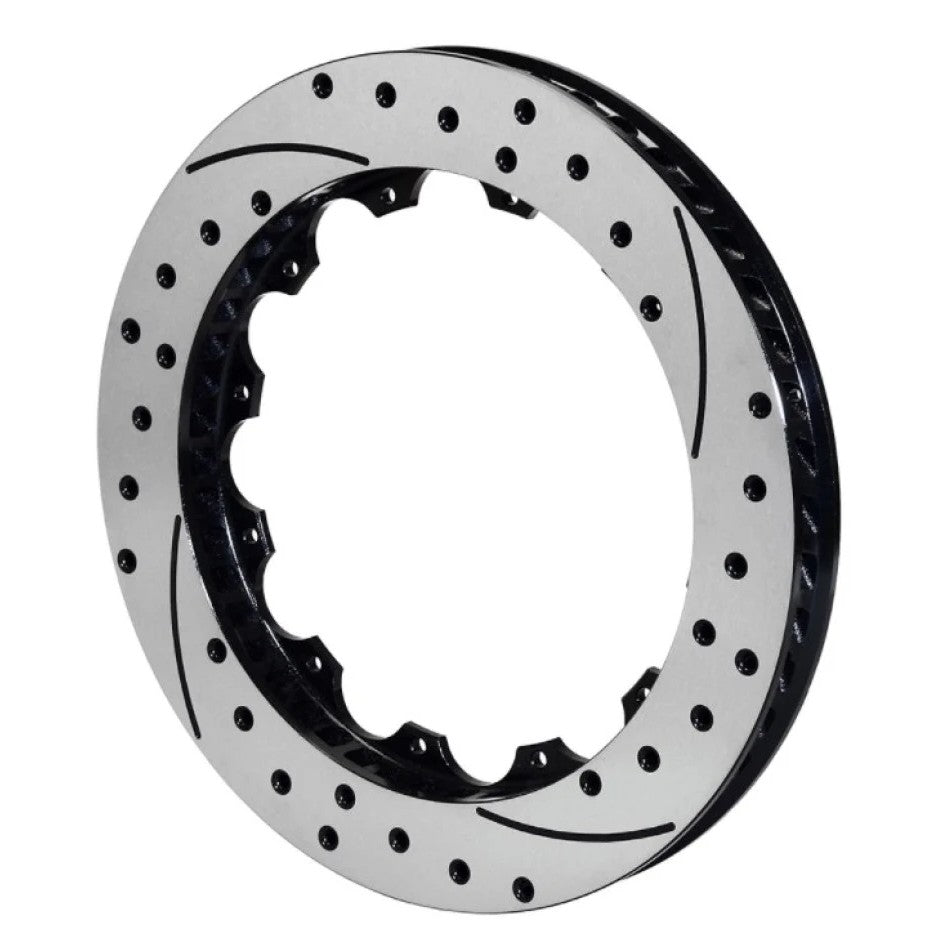 Wilwood SRP48 series black drilled and slotted brake rotor showing directional vent pattern and 12-bolt mounting holes.