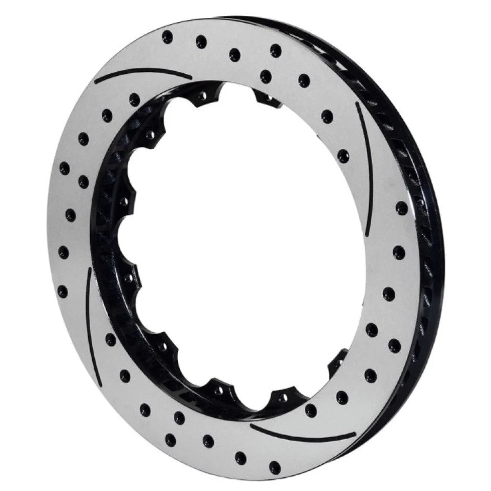 Black Wilwood SRP-48 right-hand directional brake rotor with cross-drilled holes and face slots.