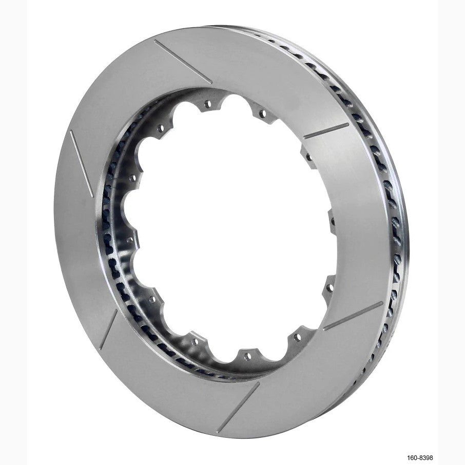 Wilwood GT 72 Spec-37 14-inch curved vane brake rotor with GT asymmetrical face slots and 12-bolt mounting.