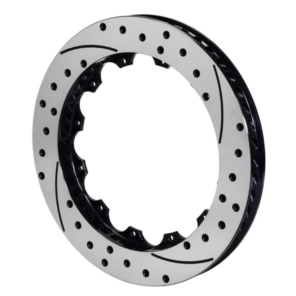 Wilwood SRP black iron 72-vane brake rotor with directional cross-drilled holes and face slots.