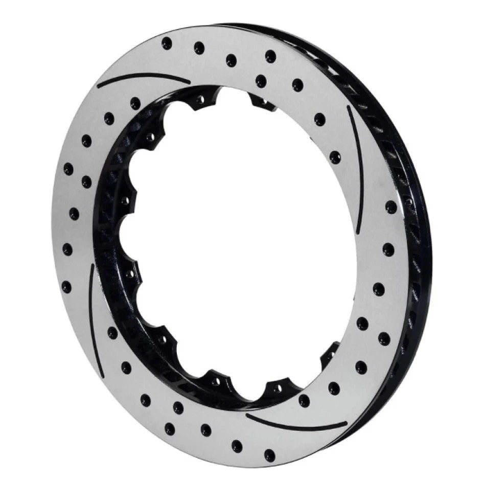 Wilwood SRP black drilled and slotted iron brake rotor, 14-inch diameter with a 12-bolt mounting pattern.
