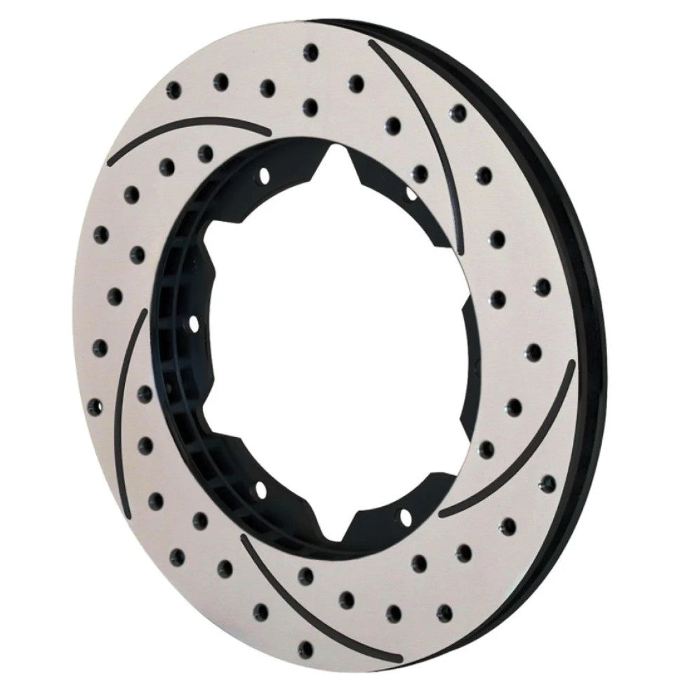 Wilwood UL30 black iron right-hand brake rotor with directional cross drilling and face slots
