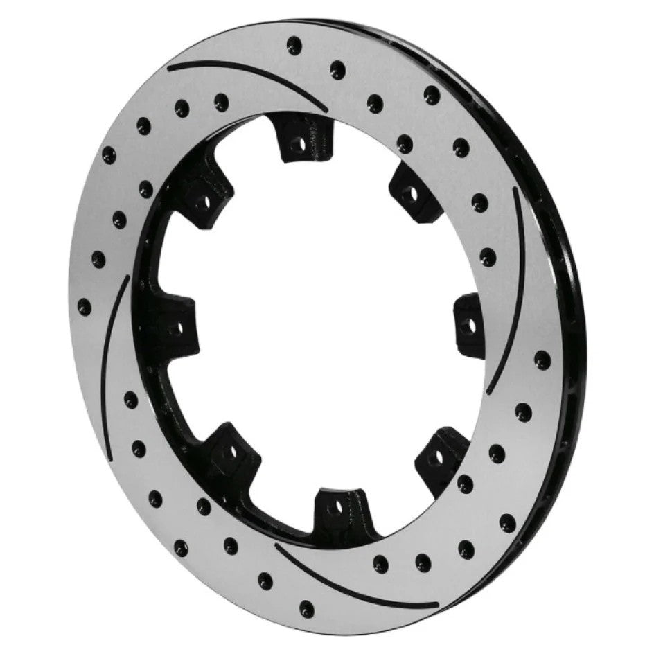 Black electro-coated Wilwood SRP Series drilled and slotted iron brake rotor, right hand configuration.