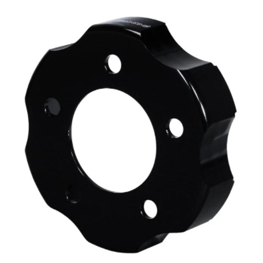 Black aluminum Wilwood GT Series shallow offset drag hat showing 5-lug wheel pattern and 6-bolt rotor mounting points.