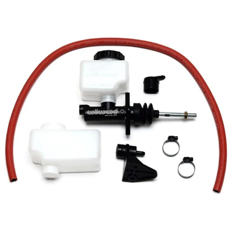 Wilwood black E-coated compact master cylinder kit with remote reservoir and 3/8-24 banjo outlet hardware.