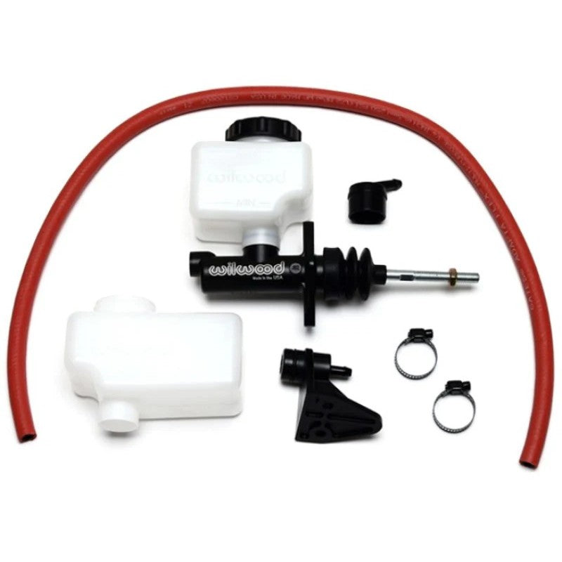 Wilwood 260-13619 black E-coated compact combination master cylinder with 3/4 inch bore and banjo outlet.