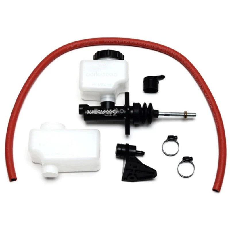 Black E-coated Wilwood 5/8 inch bore compact combination master cylinder with fluid reservoir and banjo outlet.