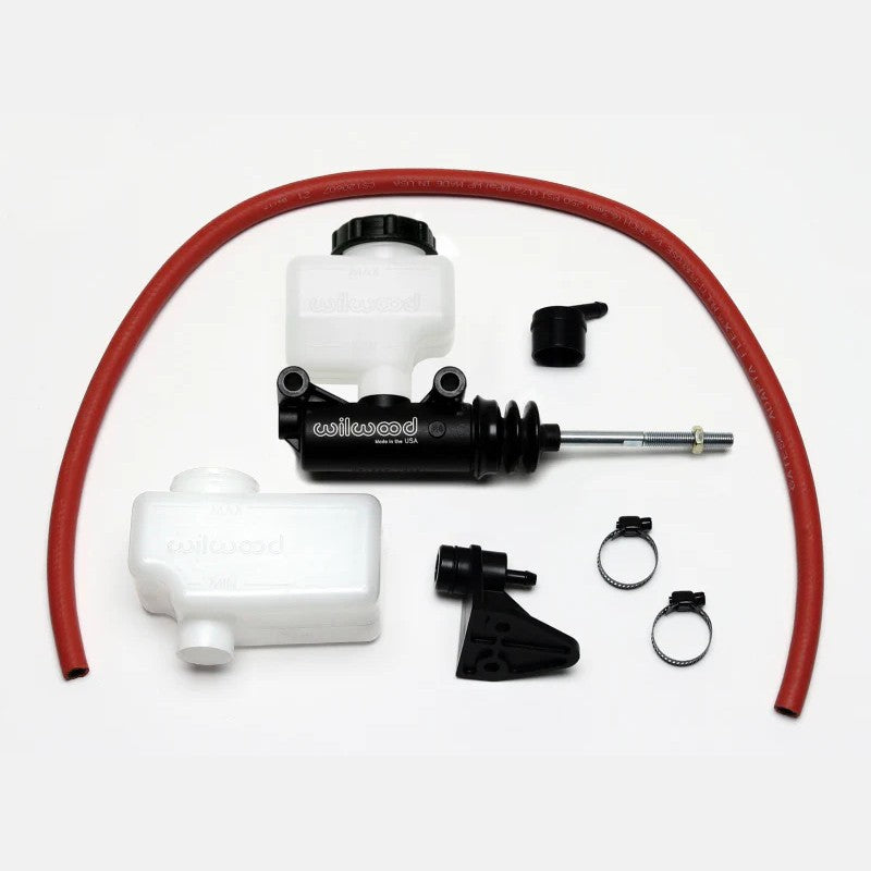 Wilwood black E-coated compact side mount master cylinder with 5/8 inch bore and remote reservoir kit.