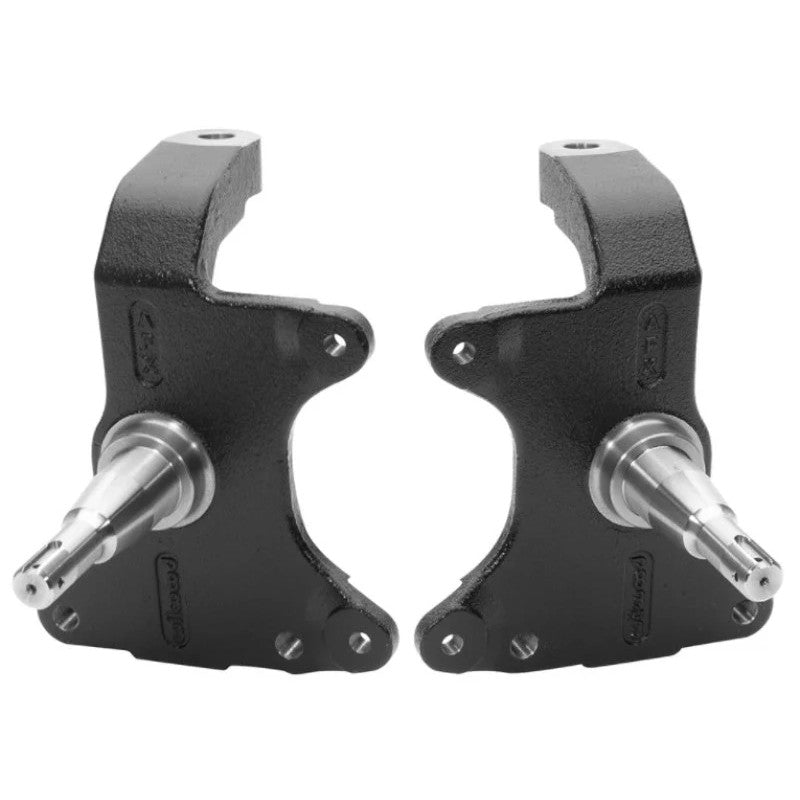 Pair of black Wilwood 2-inch drop spindles (MPN 831-15890) for 1964-1974 GM A, F, and X-body vehicles.