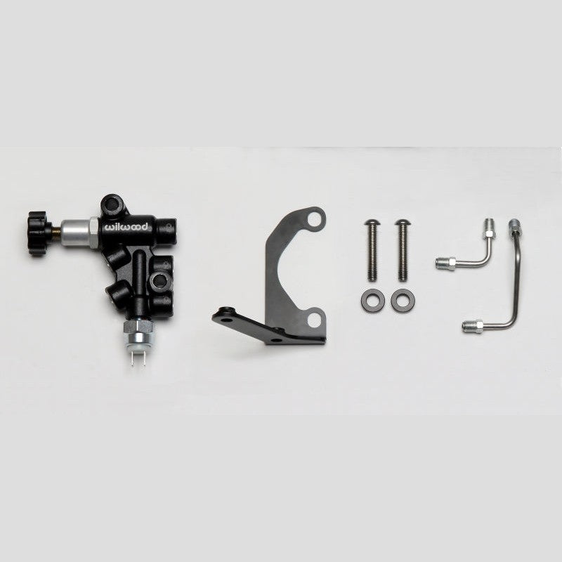 Wilwood 260-13190 L/H mounting bracket kit with black e-coated bracket, proportioning valve, and stainless steel lines.