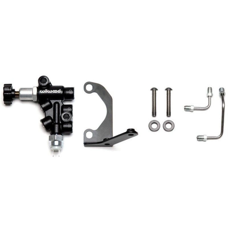 Wilwood black e-coated R/H master cylinder mounting bracket with proportioning valve and stainless steel fluid lines.