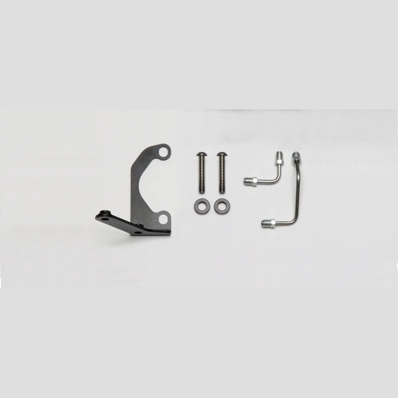 Stainless steel brake lines and left-hand mounting bracket for Wilwood tandem master cylinder plumbing.